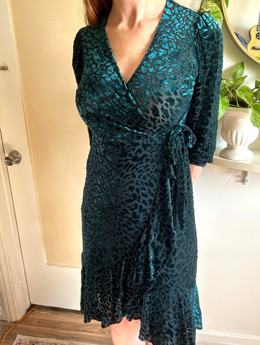 Calvin Klein Teal Animal-Print Midi Wrap Dress